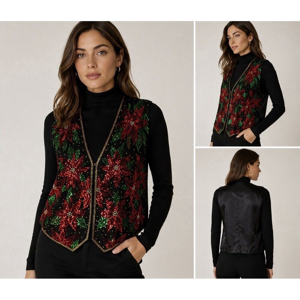 SCALA Christmas Vest Black Red Beaded Sequin Poinsettia Festive Holiday VTG